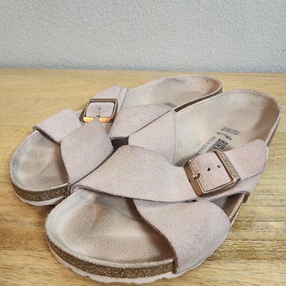 Birkenstock Sandals Womens Size 10 EU41 Pink Siena Big Buckle Suede Slides Cork - Picture 6 of 11